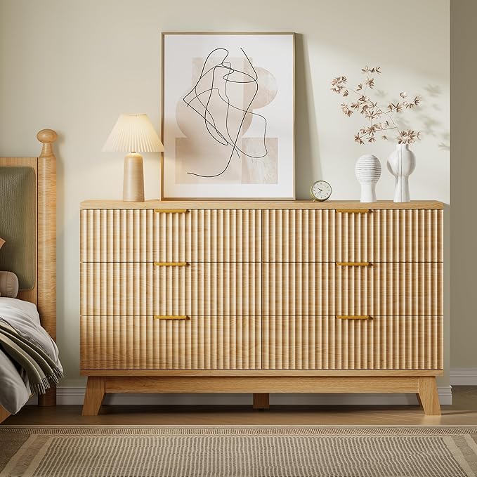 BORNOON Fluted 6 Drawer Dresser, 47.2" Wide Modern Boho Chest of Drawers, Wooden Storage Dresser TV Stand for Bedroom, Living Room, Closet, Hallway, Curved Profile Design