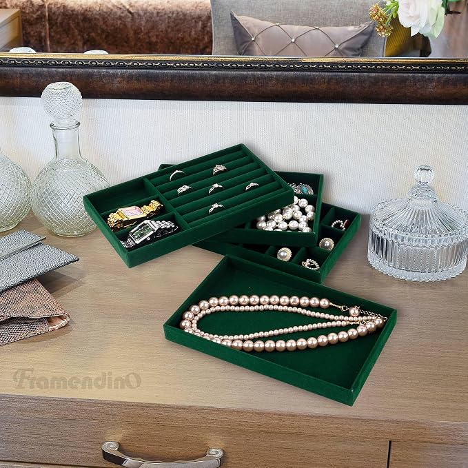 Framendino, 4 Pack Green Velvet Jewelry Trays Stackable Organizer Drawer Inserts Container Display Case for Bracelets Necklaces
