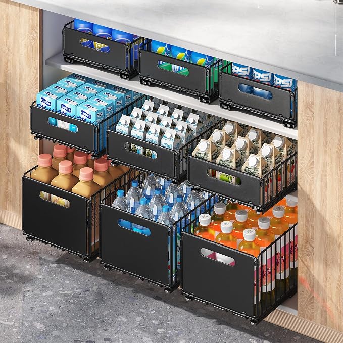 Pull out Cabinet Organizer Fixed with Adhesive Nano Film,Heavy Duty Slide out Pantry Shelves Drawer Storage,Sliding Mesh Cabinet Basket for Kitchen, Bathroom,Home, 9.65"W X14.76"D X7.48"H, pack of 2