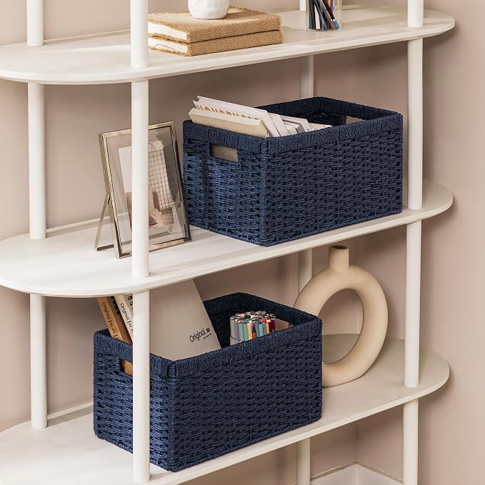 joybest Medium Wicker Baskets for Shelves, 13.4L x 8.3W x 7.1H inch Hand-woven Storage Baskets for Pantry Organizing, Foldable Rectangular Bin with Handles, 2-pack, Navy Blue