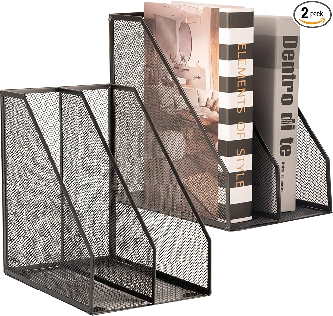 2 Set Magazine Holder Metal Wire, 2 Compartments Mesh File Holder for Desk, Office Desk Accessories Decorative File Box, Black