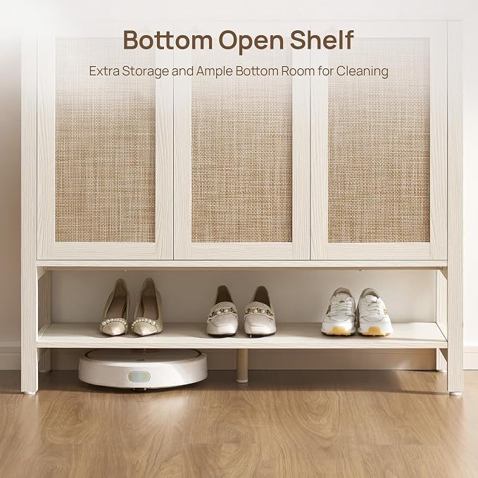 SICOTAS Rattan Shoe Cabinet with Storage, White Large Shoe Organizer | 30 Pairs Boho Shoe Rack Cabinet with 3 Doors & Adjustable Shelves for Entryway, Hallway, Living Room, Closet