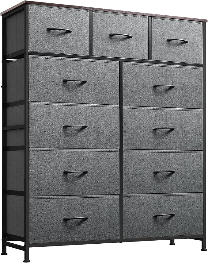 WLIVE Tall Dresser for Bedroom, Fabric Dressers Storage Tower, Dresser & Chest of Drawers Organizer Unit with 11 Drawers, Storage Cabinet, Hallway, Closets, Steel Frame, Wood Top, Dark Grey