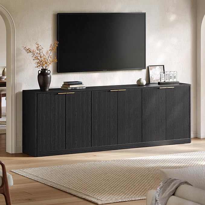 Evermagin 94.5" Fluted Black Buffet Cabinet with Storage | Mid-century modern wood sideboard, large credenza with 6 doors for kitchen or living room, 94.5"W x 31.5"H x 15.7"D