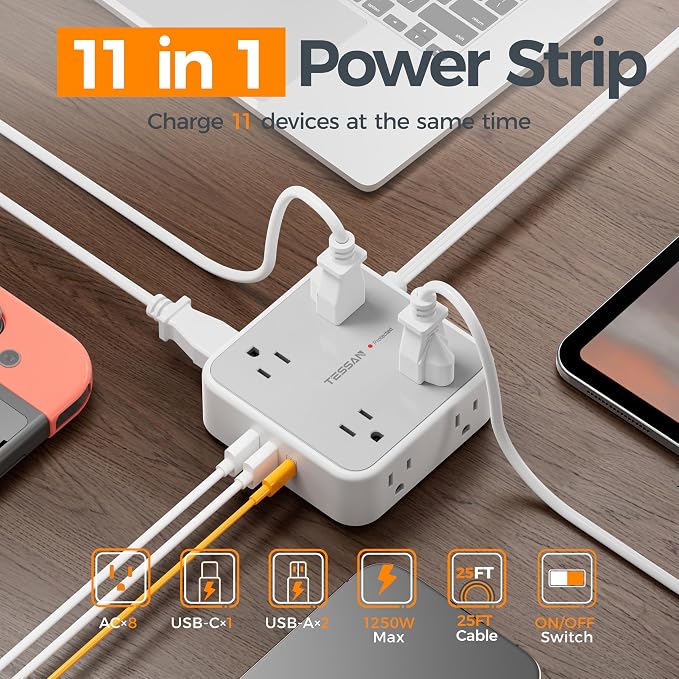 TESSAN Surge Protector Power Strip, 25 Ft Flat Plug Extension Cord with 3 USB (1 USB C 20W PD) 8 Outlets, 900J Protection, 3 Sided Outlet Extender with Power Switch for Office, Dorm Room, Grey