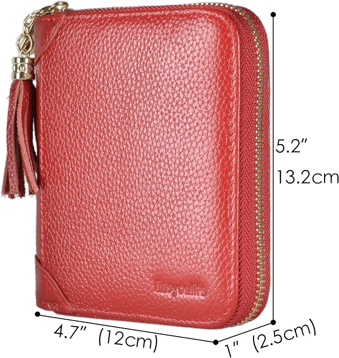 Easyoulife Womens Credit Card Holder Wallet Zip Leather Card Case RFID Blocking (Red)