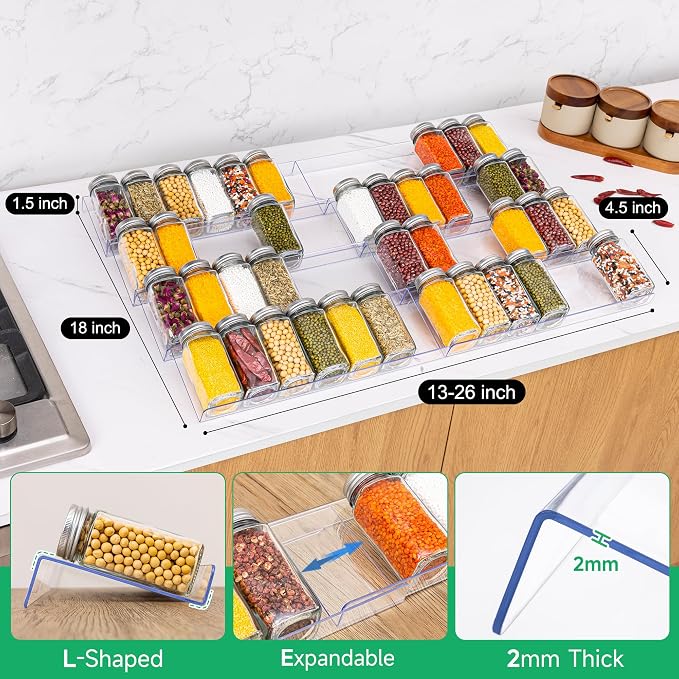 Imncya 8 Pack Clear Spice Drawer Organizer, 4-Tier Expandable Acrylic Spice Rack (13"-26"), Kitchen Seasoning Storage Racks for Drawers and Countertop (Jars Not Included)