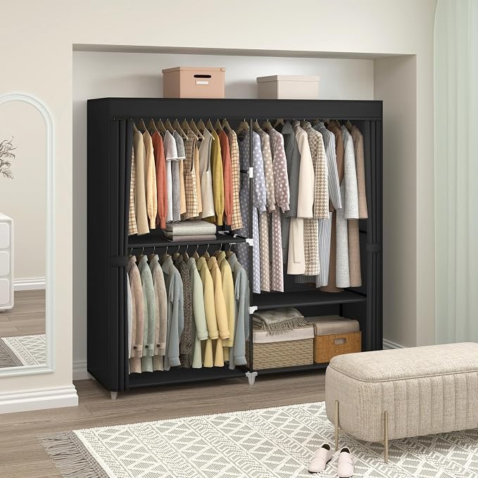 MOGELAFOO 62.5” Portable Closet, Freestanding Wardrobe Clothes Rack with Fabric Cover, 3 Hanging Rods and 4 Storage Shelves for Bedroom, Black