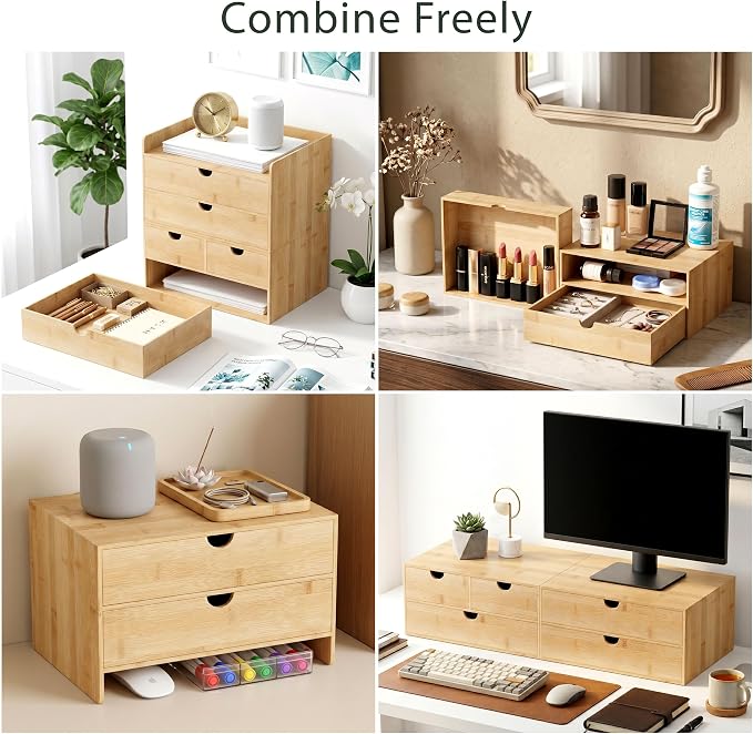 Bamboo Desk Organizer with Drawers, Desktop Storage for Office Supplies | 2 Drawers Desktop organizer, No Assembly Required, Natural Wood Wooden Desktop Drawers Box for Bills, Cosmetics, Seals, Paper
