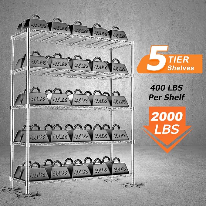 ROOMTEC 5-Tier Wire Shelving Unit,40" W*16" D*72" H,Max Load 2000 lbs | Garage Shelves, Adjustable Storage Rack, Heavy Duty Metal Shelf for Kitchen, Pantry, Laundry, Basement