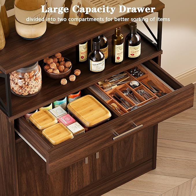 Meilocar Buffet Cabinet, Coffee Bar Cabinet, Wooden Kitchen Sideboard with Storage and Drawer, Farmhouse Storage Cabinet for Living Room, Dining Room, Dark Brown