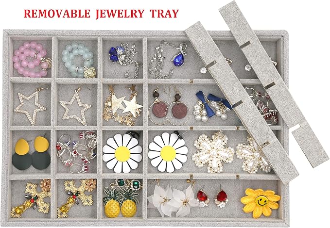 Stratalife 24 Grid Jewelry Organizer Tray, Stackable Drawer Earring Organizer with Adjustable Dividers, Jewelry Display Tray for Necklace Earring Ring Bracelet, 13.8" x 9.4" x 1.2", Grey