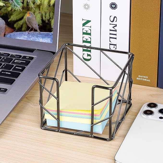 Mesh Metal Sticky Note Holder, Wire Memo Cube Dispenser, Desk Supplies Storage Organizer Container for Home School Office, Fits 3x3 Inch Notes (Black)