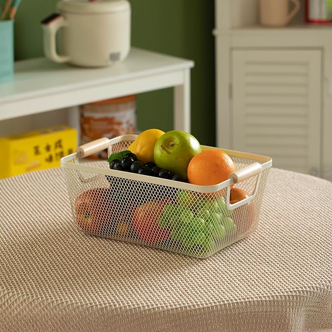 Basicwise Multipurpose Metal Mesh Basket with Wooden Handle Storage Organizer for Kitchen Pantry Bathroom Cabinet Closet Countertop Fruit Holder Picnic Food and Beverages Carrier and Home Decor, Large