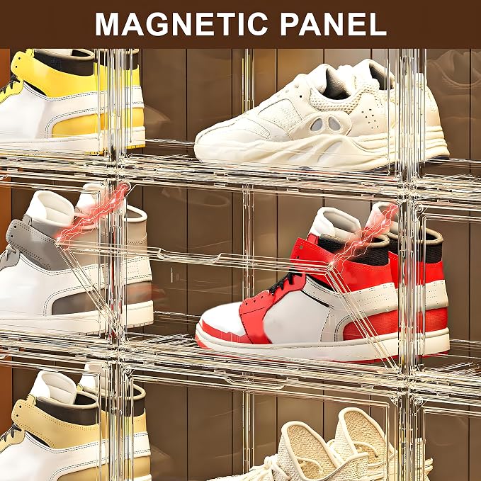 MMBABY 12 Pack Acrylic Clear Shoe Boxes– Ultra Clear Plastic Stackable Sneaker Storage For Sneakerhead. Professional Grade Shoe Display Case with Magnetic Door.Fits US Size 15
