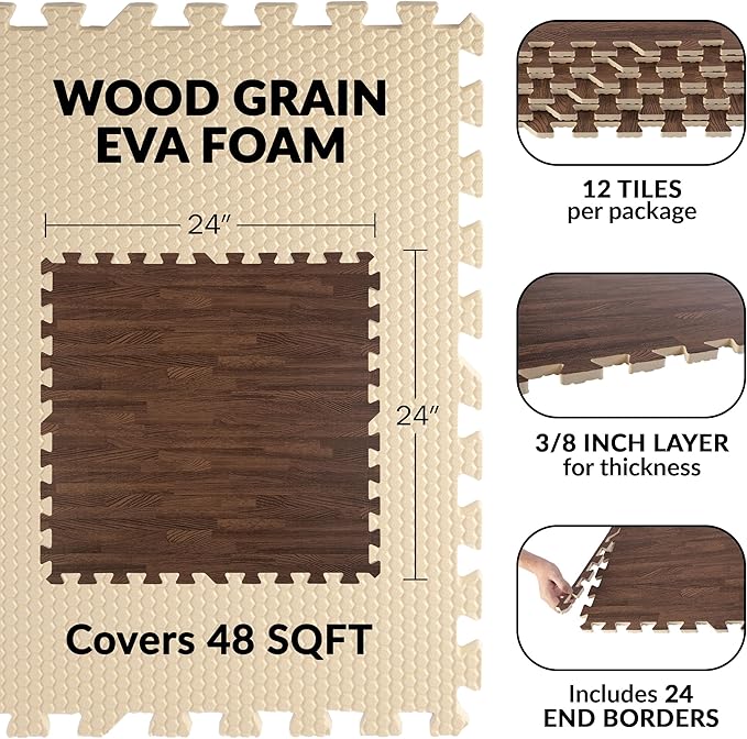 EVA Foam Floor Tiles 12-Pack - 48 SQFT Woodgrain Puzzle Mats for Floor - Interlocking Foam Tiles for Family Room or Gym Flooring by Stalwart (Dark)