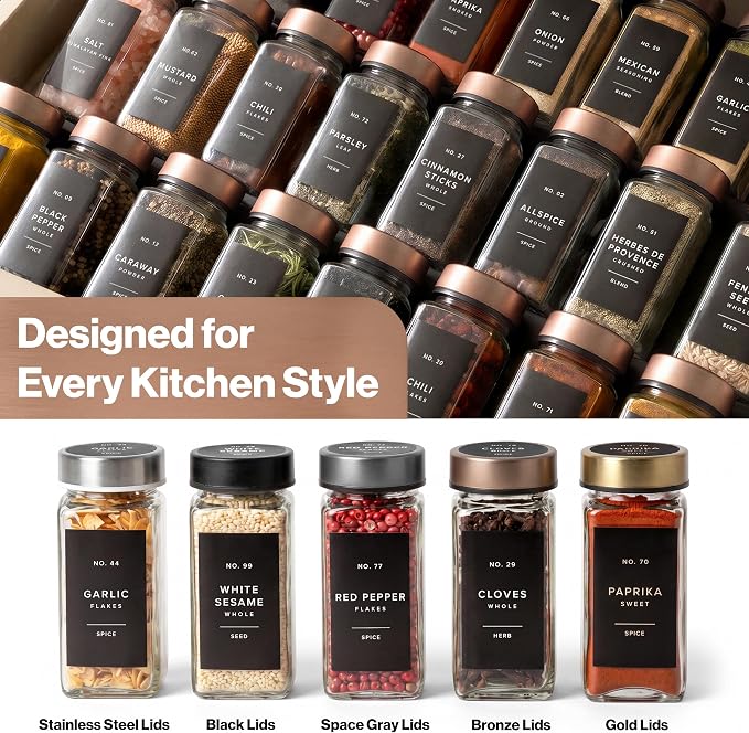 EDELHAUS Glass Spice Jars with Label, 24x Champagne Bronze Steel Lids | Airtight Lids keep spices fresh, Kitchen Spice Drawer Organizer, 4oz Seasoning Containers incl. Funnel, Brush & 240 Labels