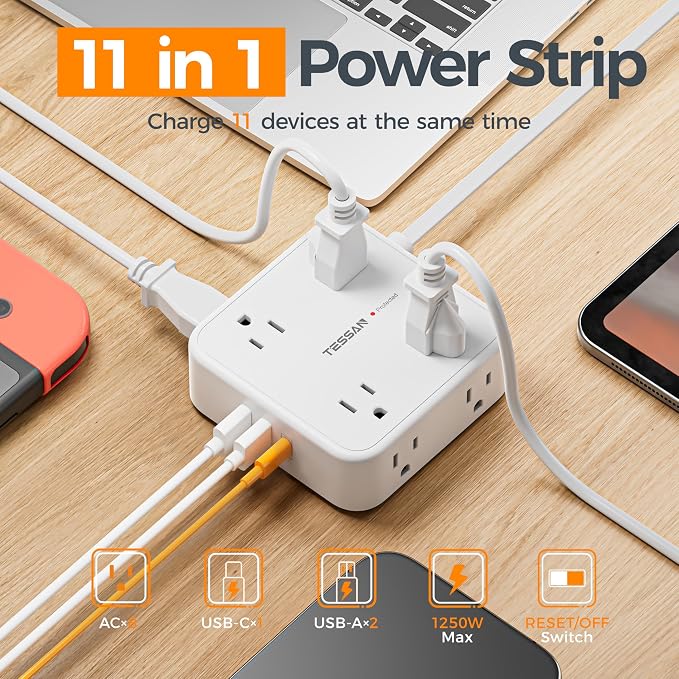 TESSAN Surge Protector Power Strip, 10 Ft Flat Plug Extension Cord with 3 USB (1 USB C) 8 Outlets, 900J Protection, 3 Sided Outlet Extender with Power Switch for Office, Dorm Room, White