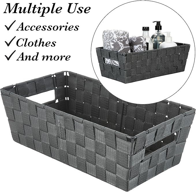 Simplify Extra Long Shelf Woven Strap Tote | Decorative Storage Basket | Built in Handles | Organization | Closet | Bedroom | Bathroom | Nursery | Accessories | Toys | Gifts | 1 Pack | Grey