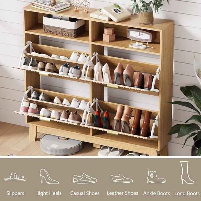 HUANLEGO Shoe Cabinet Storage for Entryway with 4 Flip Drawers, Fluted Narrow Shoe Organizer with Wooden Legs & Top Cubby, Freestanding Slim Shoe Storage Hidden Shoe Rack for Front Door Entrance, Oak