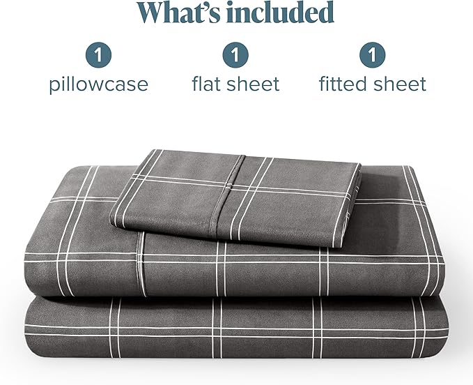 Bare Home Twin Sheet Set - Luxury 1800 Ultra- Soft Double Brushed Microfiber - Deep Pockets - Easy Fit - 3 Piece Bedding Sheet Set (Twin, Modern Plaid - Grey/White)