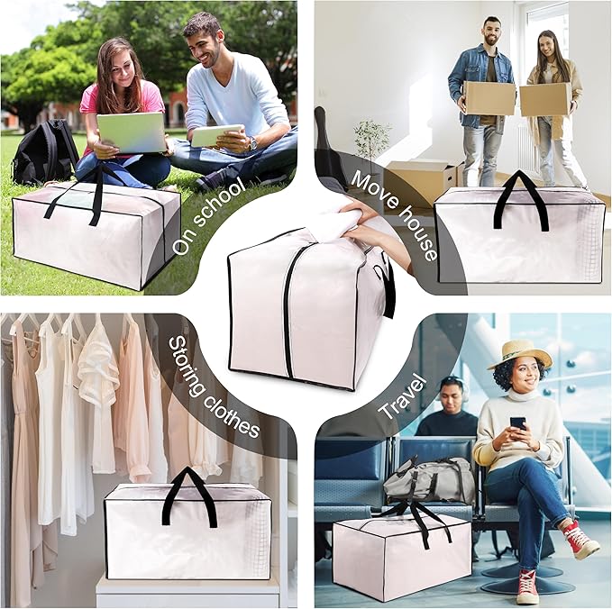 VELVETSURE 6 Pack Heavy Duty Large Moving Bags W/Backpack Straps - Strong Handles & Zippers, Storage Totes For Space Saving, Fold Flat, Alternative to Moving Box and Storage Bin, Semi-Transparent