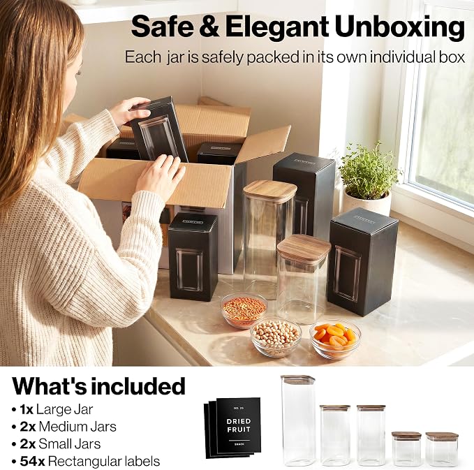 Glass Pantry Storage Jars Containers with Acacia Lids and Labels - Set of 5 | Extra Thick Square Glass Canisters with Acacia Wood Lids and 54 Pre-printed Pantry Labels keeps dry Goods Fresh and Organized