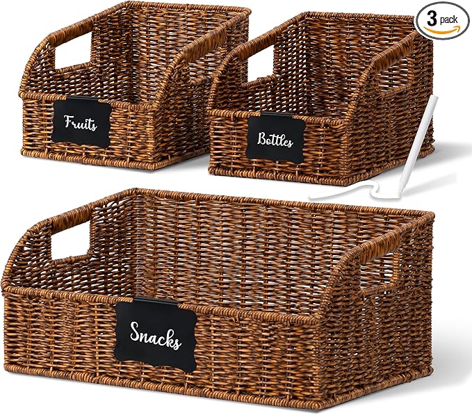 Brownlily Wicker Pantry Storage Baskets with Chalkboard,Handwoven Baskets for Organizing with Built-in Handles, All-Purpose Storage Baskets for Shelves, Laundry Room, Brown - Single Set (3-Piece)