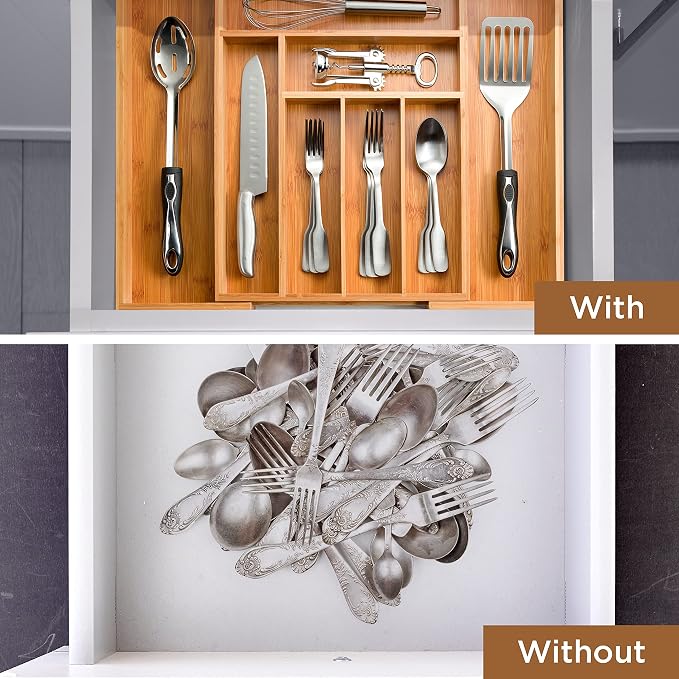Bamboo Drawer Organizer - 8 Compartment Expandable Silverware Organizer and Utensil Holder, 17 Inch Long, 13 to 22 Inch Wide, 2 Inch Deep Kitchen Cutlery Tray Insert for Flatware Knives Large Utensils