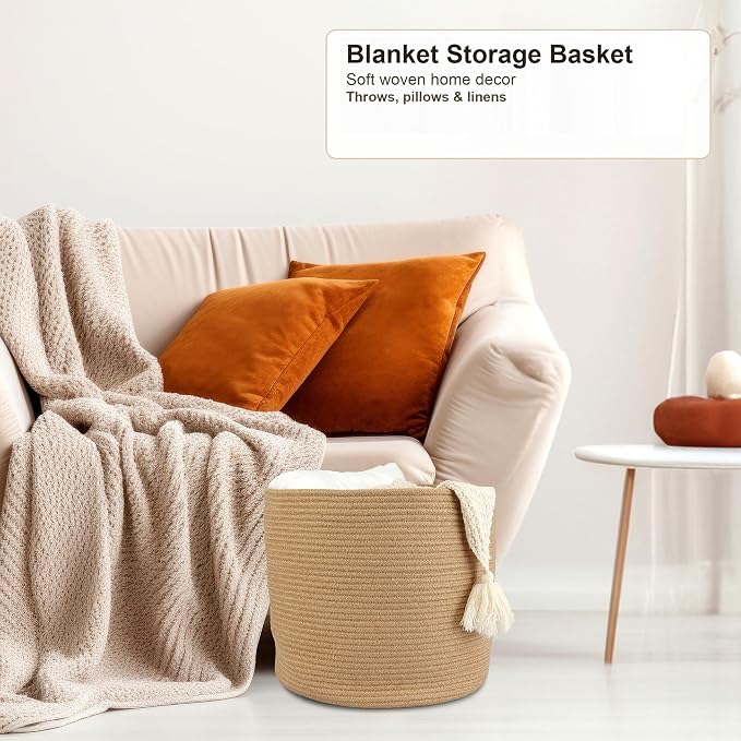 XUANGUO Jute Rope Woven Basket, 16x14 in Kids Laundry Basket | Round blanket basket and small laundry basket; baby hamper or nursery storage bin for girls, boys, toys, clothes and shoes