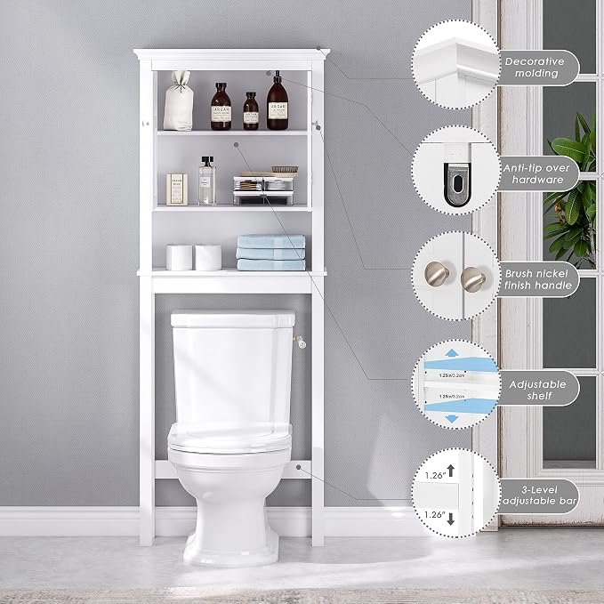 UTEX Over the Toilet Storage Cabinet with Doors and Adjustable Shelf, White | Open & Hidden Bathroom Storage, Anti-tip Bracket, Adjustable Lower Crossbar, 33-Inch Clearance, FSC-certified Engineered Wood