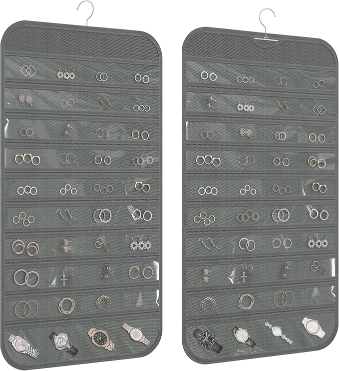 Hanging Jewelry Organizer 80-Pocket Double-Sided Storage, 1-Pack, Gray | Foldable clear PVC 80-pocket storage; swivel hook fits walls, doors & rods to organize earrings, necklaces, bracelets & rings