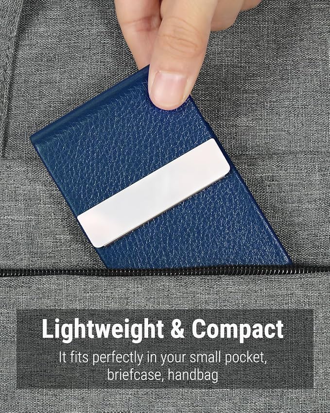 MaxGear Business Card Holder, PU Leather & Stainless Steel Business Card Case for Men or Women, Slim Name Cards Holder RFID Blocking Credit Cards Carrier with Magnetic Closure, Blue