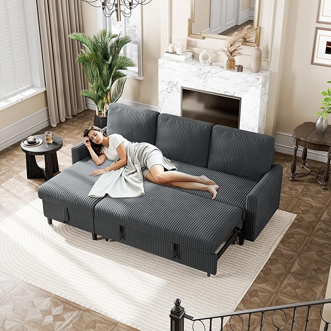 Vongrasig Pull Out Couch, Small Sleeper Sofa with Storage, 77" L Shaped Convertible Sofa Bed with Corduroy Fabric for Small Living Room, Apartment, Dark Grey