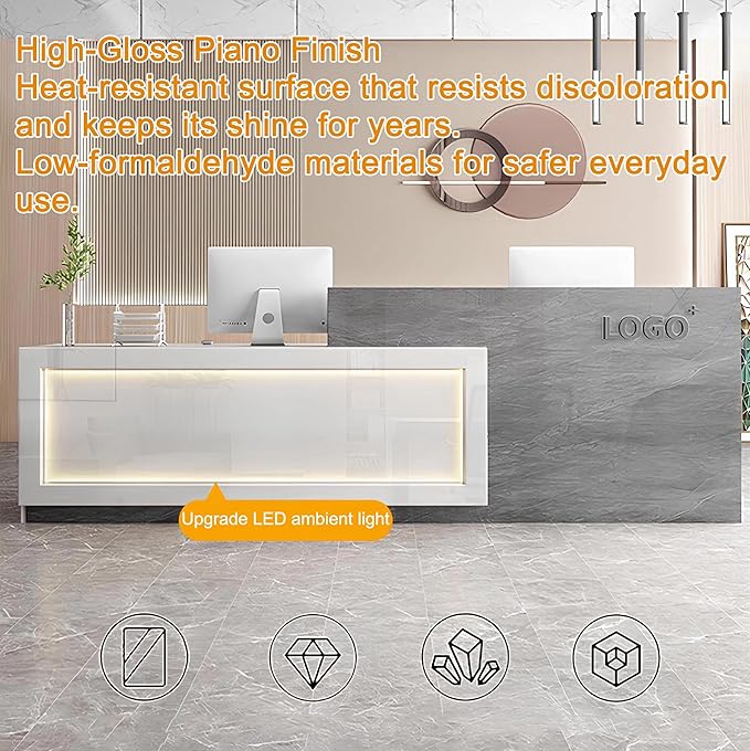 Modern Reception Desk with Counter, Front Desk Reception Counter with Lockable Drawer, Keyboard Tray & Storage Cabinet, Solid Wood Receptionist Table for Salon Office Lobby (A - Right, L 300cm/118in)