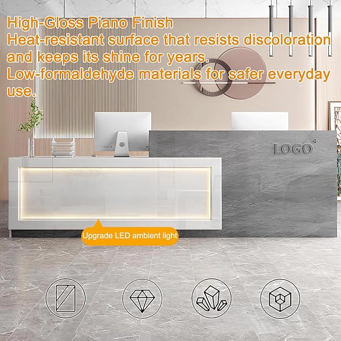Modern Reception Desk with Counter, Front Desk Reception Counter with Lockable Drawer, Keyboard Tray & Storage Cabinet, Solid Wood Receptionist Table for Salon Office Lobby (A - Right, L 2.2m/86in)