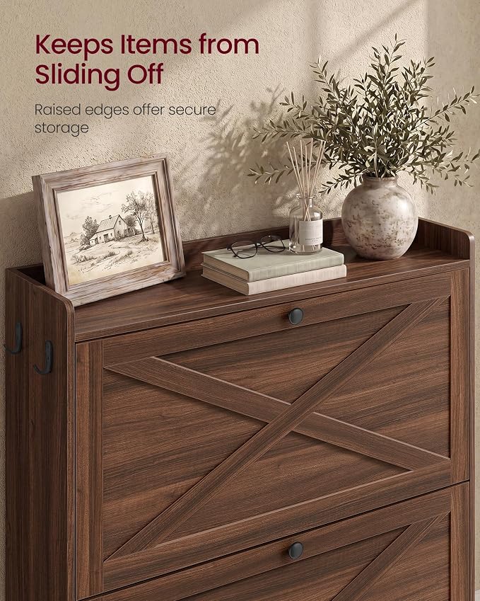 VASAGLE Shoe Storage Cabinet Organizer with 3 Flip Drawers, Freestanding Narrow Shoe Rack Cabinet for Entryway, Farmhouse Style, Fits 14 to 16 Pairs, Chestnut Walnut UHSC303KX01