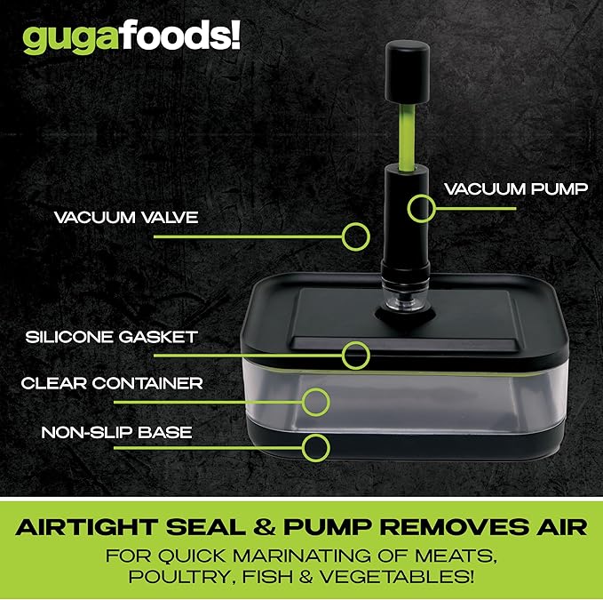 Guga Foods Vacuum Seal Marinade Container Set, Air Sealed Pump, Removes Air for Quick Marination, Barbecue & Grilling Marinator