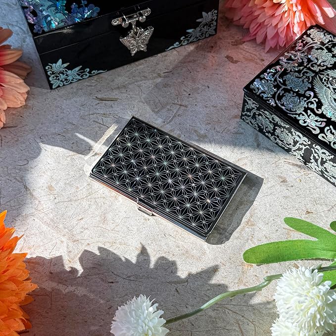 Mother of Pearl Business Card Case Credit Id Name Holder Travel Wallet Art Painting Design Metal Stainless Steel Engraved Slim Purse Pocket Cash Money Wallet (N_Mum Slim)