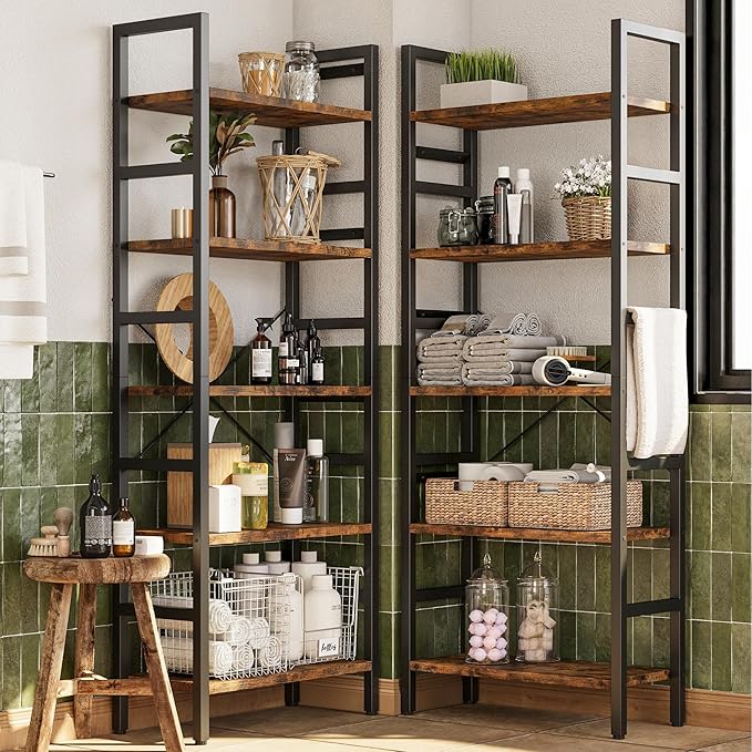 INNOD 70x70 Triple 5 Tier Book Shelf, Large Wooden Bookcase with 17 Open Display Shelf, Modern Tree Bookshelf Metal Frame Tall Book Case Furniture for Living Room Bedroom Home Office Rustic Brown