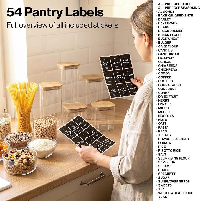 Glass Pantry Storage Jars Containers with Bamboo Lids and Labels - Set of 5 | Extra Thick Square Glass Canisters with Bamboo Wood Lids and 54 Pre-printed Pantry Labels keeps dry Goods Fresh and Organized