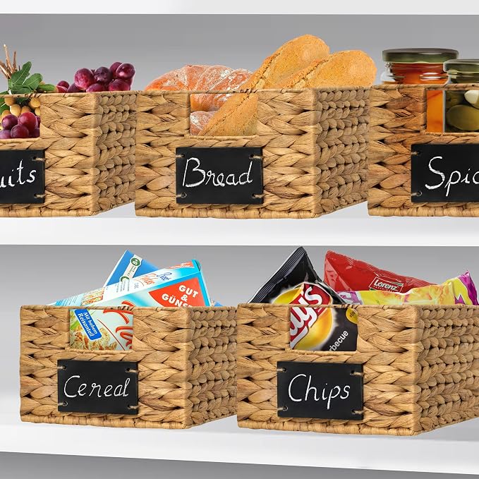 BARIEN 6 Pcs 12" x 9" x 6" Natural Water Hyacinth Woven Storage Baskets, Rectangular Wicker Basket with Built-in Handles, Woven Cube Storage Bin with Chalkboard Label Chalk Marker (Natural - Set of 6)