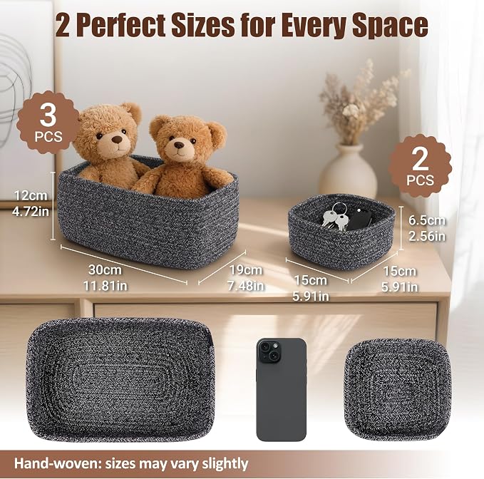 5-Pack Small Woven Rope Storage Baskets, 2 Sizes Organizer Bins | Fabric Cube Boxes and Rectangular Shallow Bins for Closet, Shelf, Bookshelf, Nursery, Changing Table, Bathroom, Toys & Home