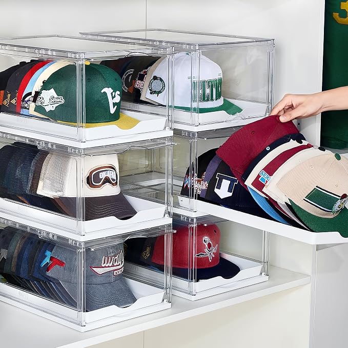 Vtopmart 6 Pack Stackable Baseball Caps Organizer, Each Holds 12 hats | Each Holds 12 hats, with Sliding Drawer Easy access, Stackable, with Magnetic Door, Dust protectio