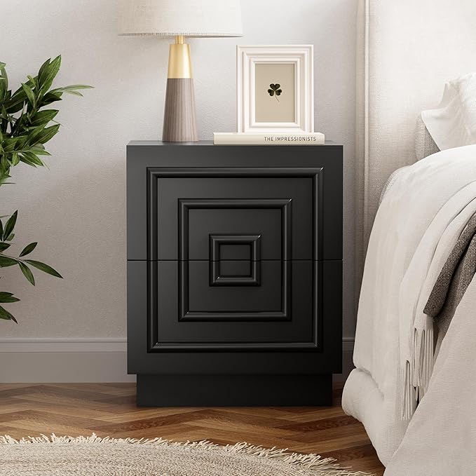Aoikax Modern 2-Drawer Nightstand, Sculptural Rustic Nightstand with Geometric Square Pattern, Contemporary Accent End Table, Black
