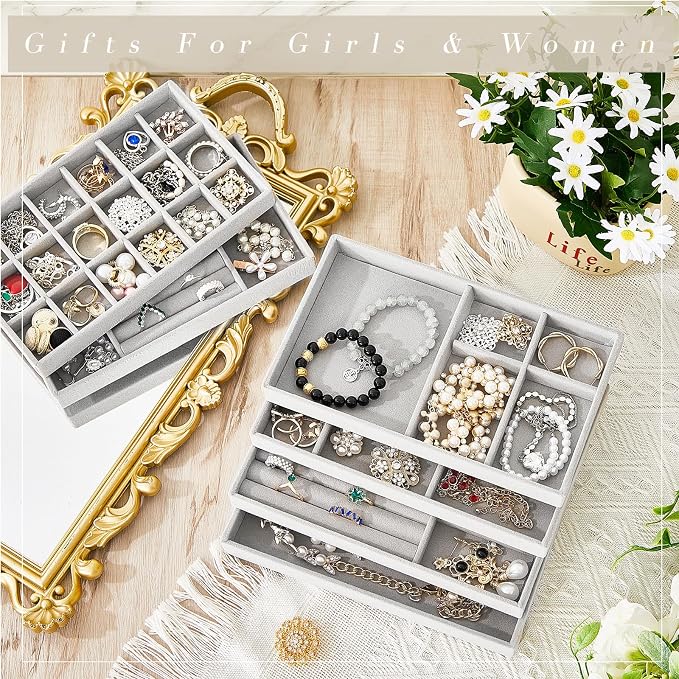 Junkin 18 Pcs Jewelry Drawer Organizer Inserts, Stackable Jewelries Inserts for Dresser Drawers, Drawer Insert Organizers Velvet Jewelry Trays for Rings Earring Bangle Necklace(Gray)