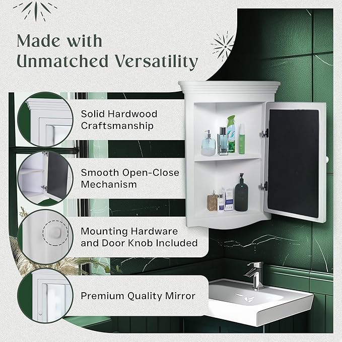 Renovators Supply Manufacturing White Corner Wall Mount Medicine Cabinet with Mirror Wooden Bathroom Storage 27 X 20 Inches Double Shelf Storage Cabinet Pre-Assembled with Hardware