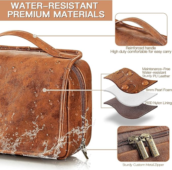 Elviros Hanging Toiletry Bag for Men PU Leather Shaving Dopp Kit (Brown) | 3-in-1 Waterproof Travel Organizer with Separate Compartments for Grooming Items, Toiletries, and Daily Essentials