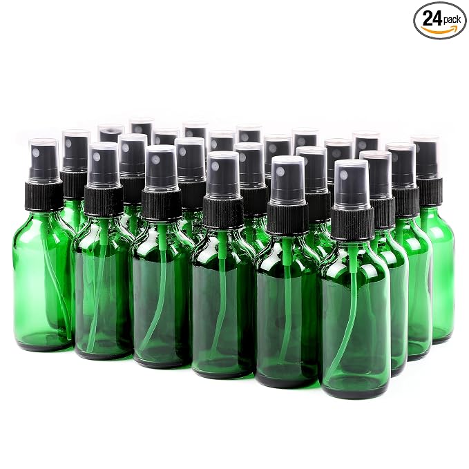 NOOEEISS Green Glass Small Spray Bottle 2 oz 24 Packs,Fine Mist Sprayer Small Clear Bottles,Refillable Containers mini spray bottles for Cleaning Solutions and Skin Care (Green 24pcs)
