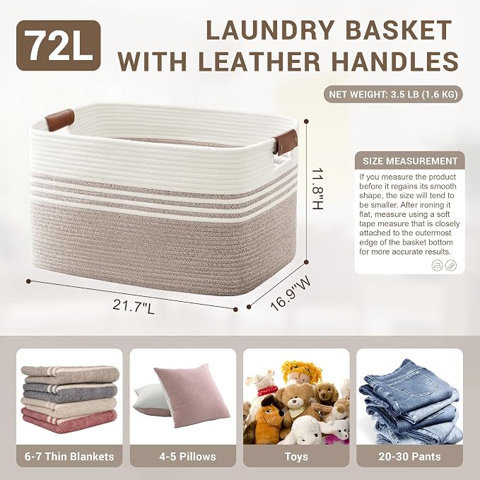 72L Large Woven Laundry Basket Hamper with Leather Handles,Brown | 22"x17"x12", collapsible wicker hamper, storage for dirty clothes, toys, blankets, gifts, living room, bedroom, bathroom